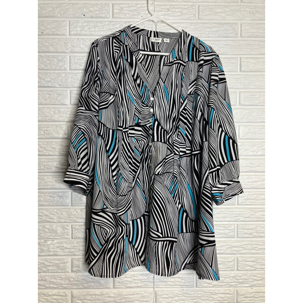 Cato Button Front Tunic Women 18/20W Black White Blue Excellent Abstract Print